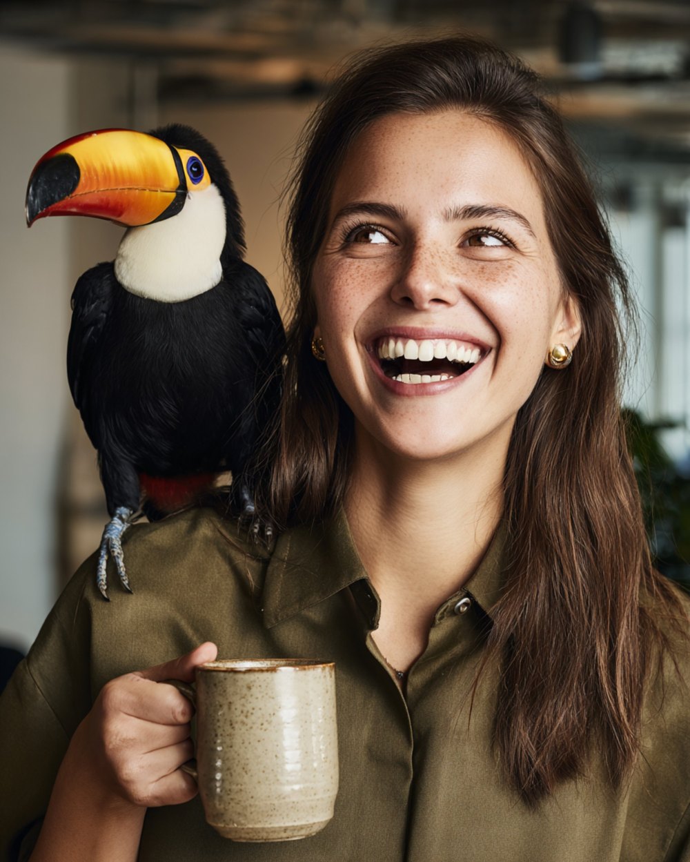 Lachende Mitarbeiterin mit Tukan und Kaffeetasse